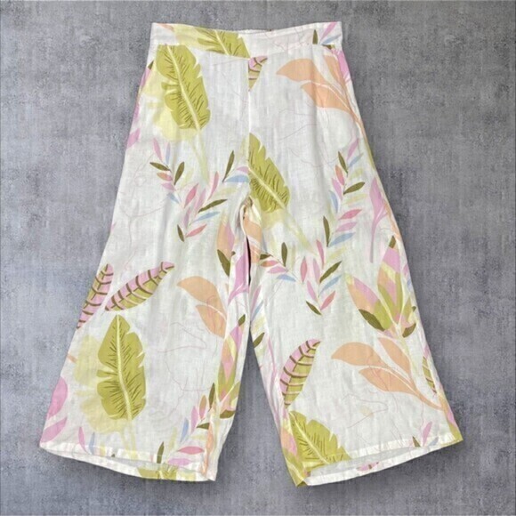 Cynthia Rowley Linen Pants Womens L Cream Tropical Print Wide Leg Crop Pull On - Picture 3 of 15